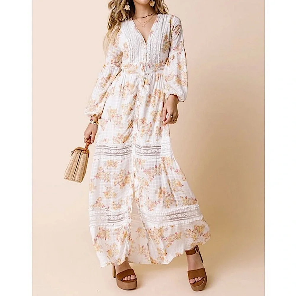 Lace and Floral Print Button Front Maxi - Picture 1 of 14